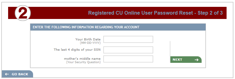 CU Online User Password Reset step 2