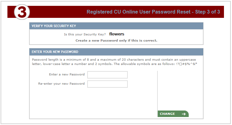 CU Online User Password Reset step 3