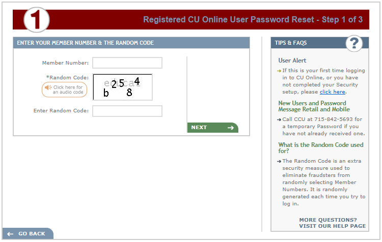 CU Online User Password Reset step 1